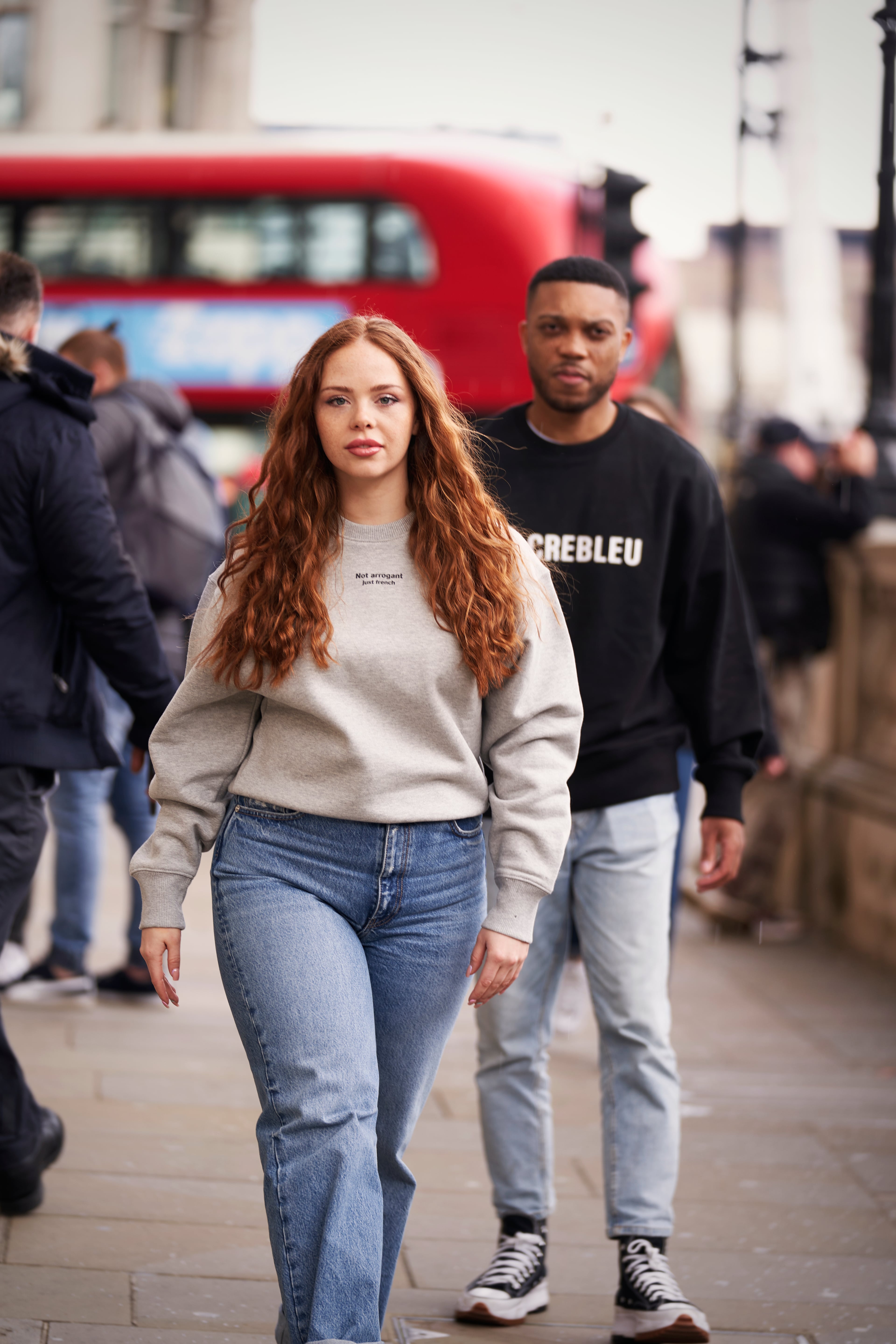 Model wearing French Abroad typographic apparel photographed on location in London for the brand's inaugural campaign