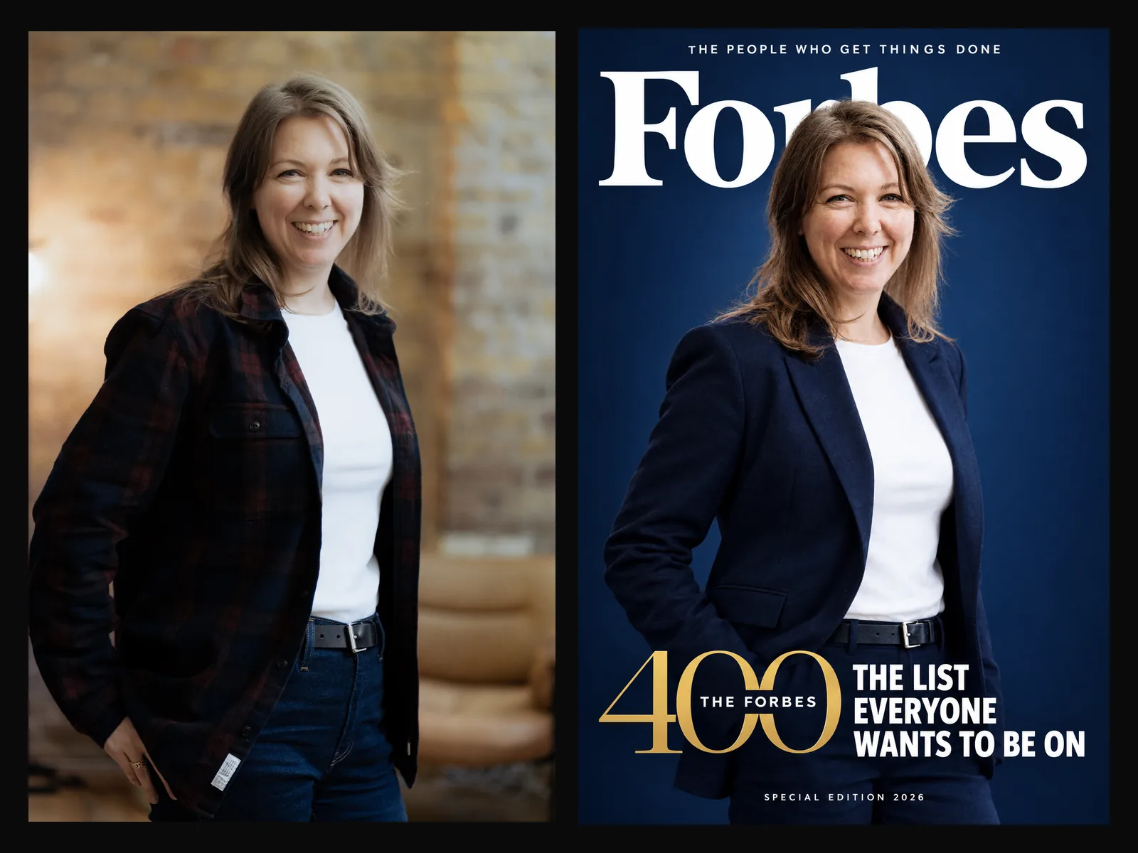 Before and after: an event portrait of a guest and her AI-generated Forbes 400 cover, The List Everyone Wants to Be On.