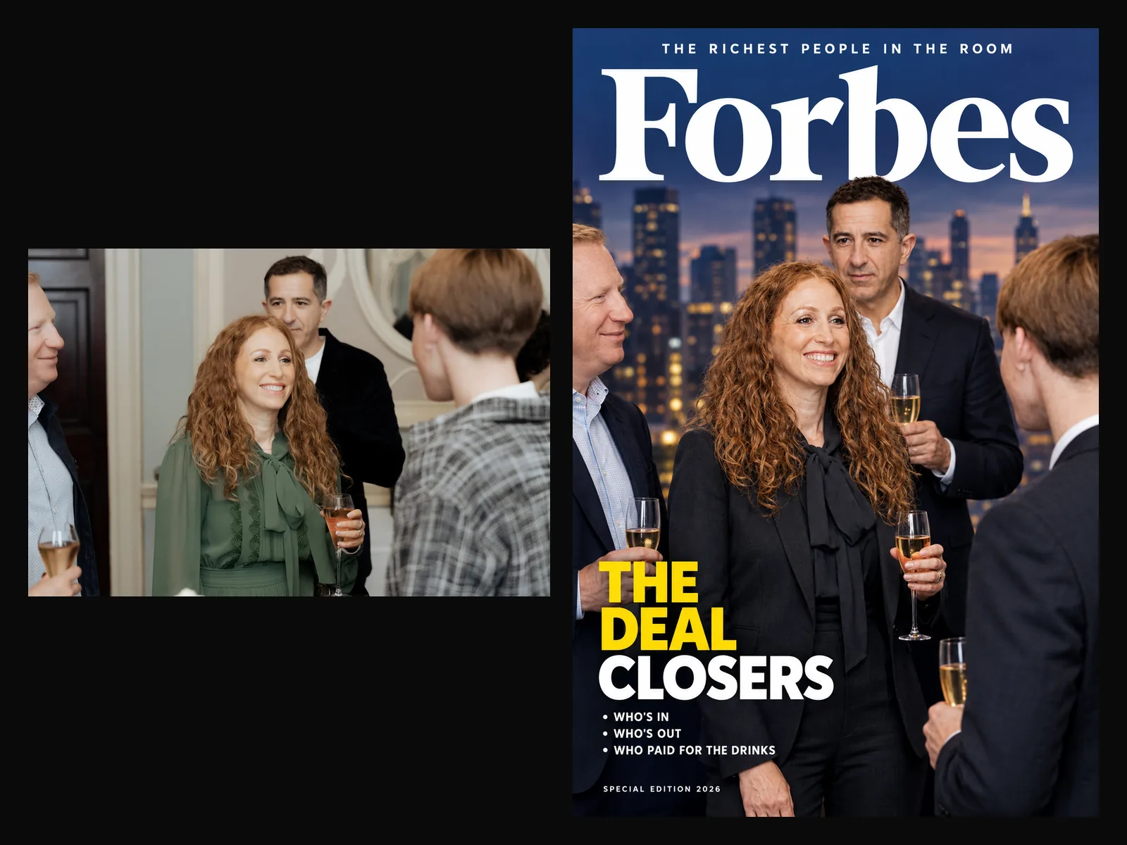 Before and after: a group of guests and their AI-generated Forbes cover, The Deal Closers, who is in, who is out, who paid for the drinks.