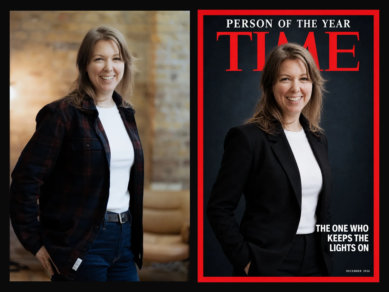 Before and after: an event portrait of a guest next to her AI-generated TIME cover, Person of the Year, The One Who Keeps the Lights On.