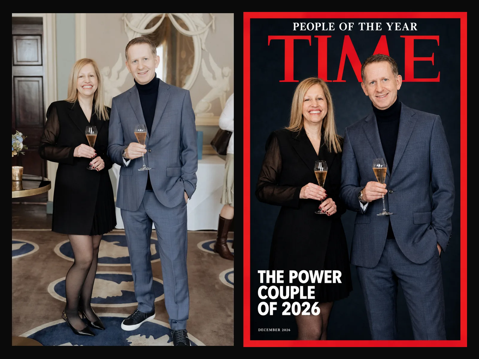 Before and after: a couple at an event and their AI-generated TIME cover, People of the Year, The Power Couple of 2026.