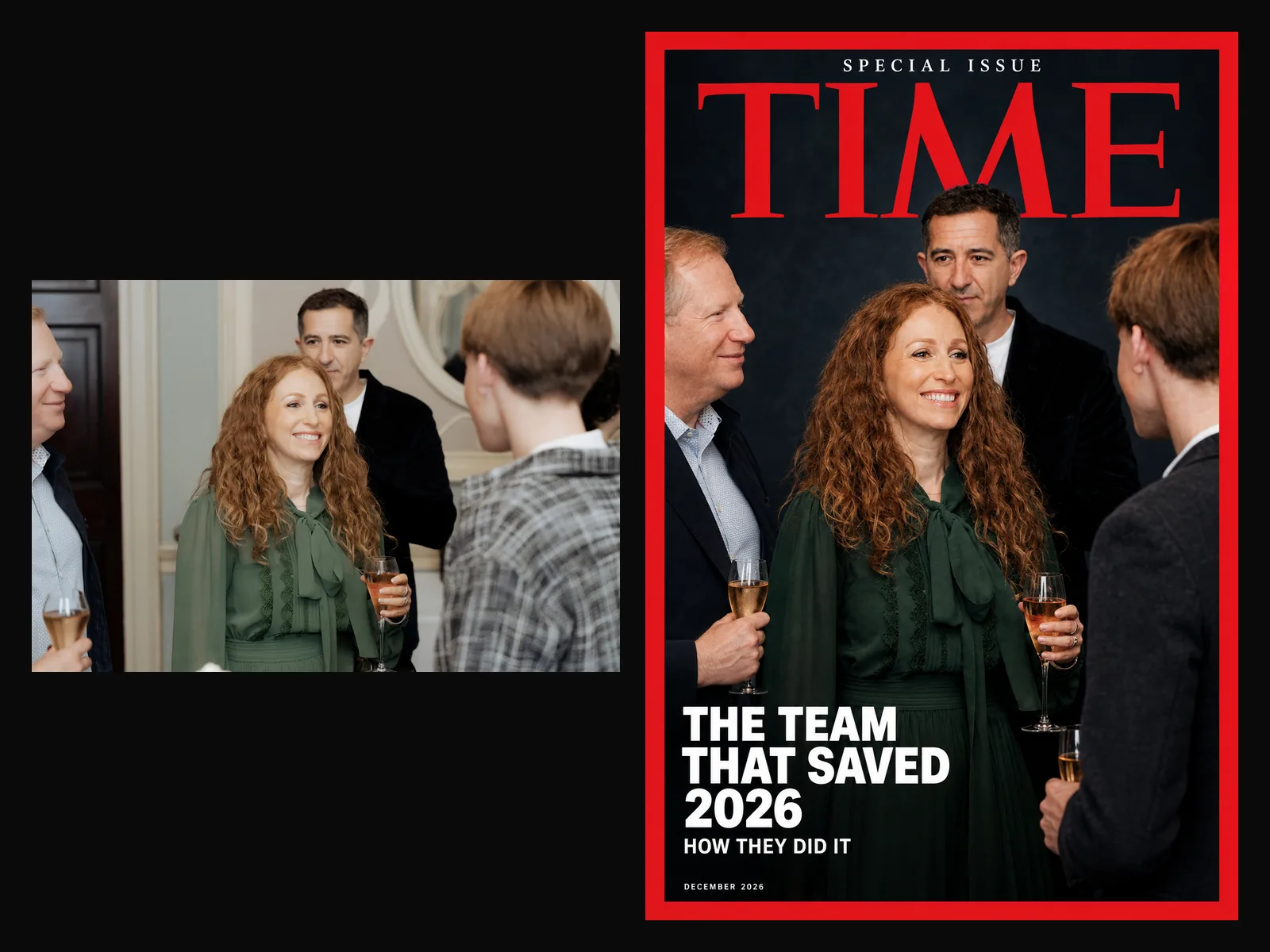 Before and after: a group of guests at a reception and their AI-generated TIME cover, Special Issue, The Team That Saved 2026.