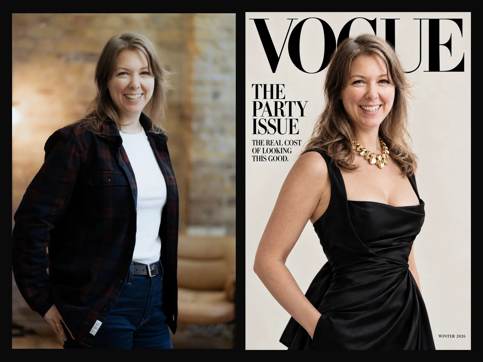 Before and after: an event portrait of a guest and her AI-generated Vogue cover, The Party Issue, The Real Cost of Looking This Good.