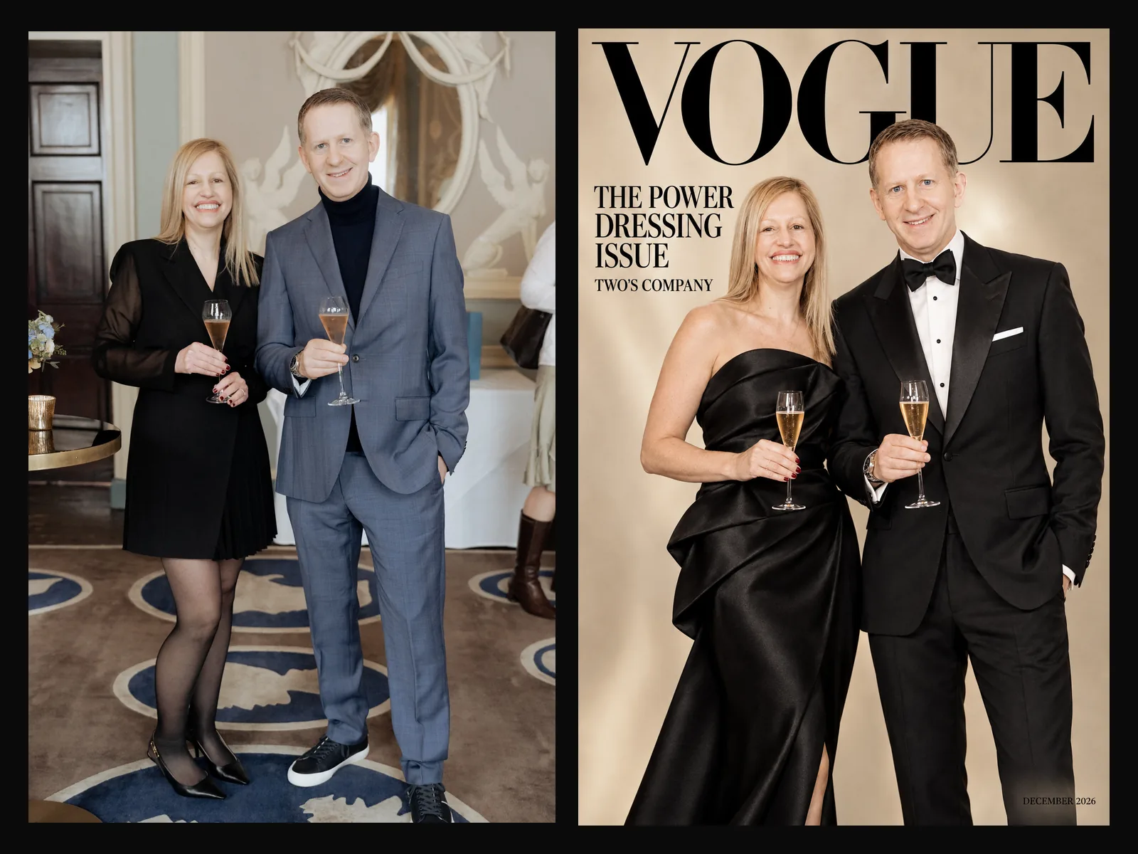 Before and after: a couple at an event and their AI-generated Vogue cover, The Power Dressing Issue, in black tie.