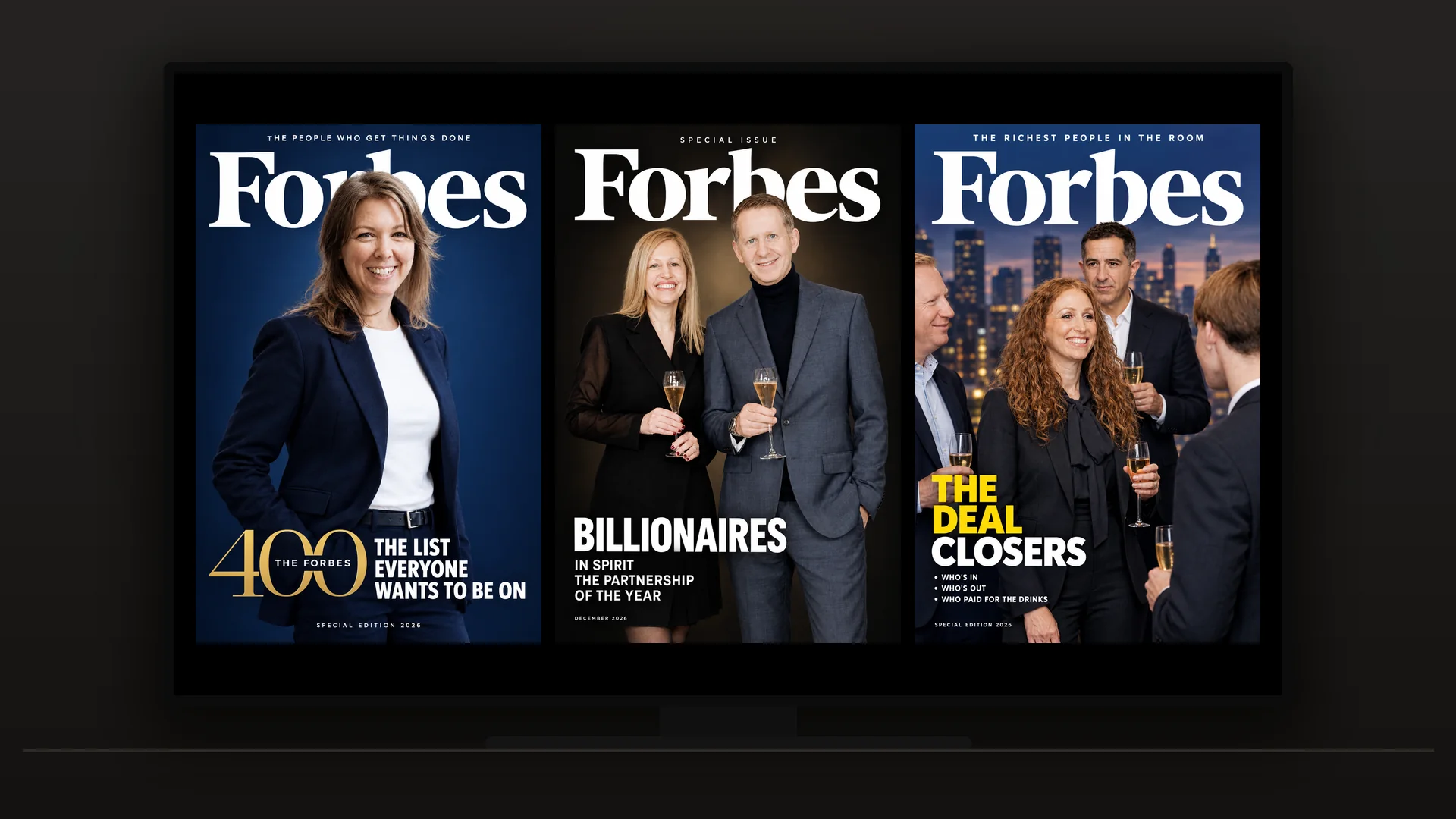 Simulation of the live screen: a large TV showing three AI-generated Forbes covers of event guests side by side.