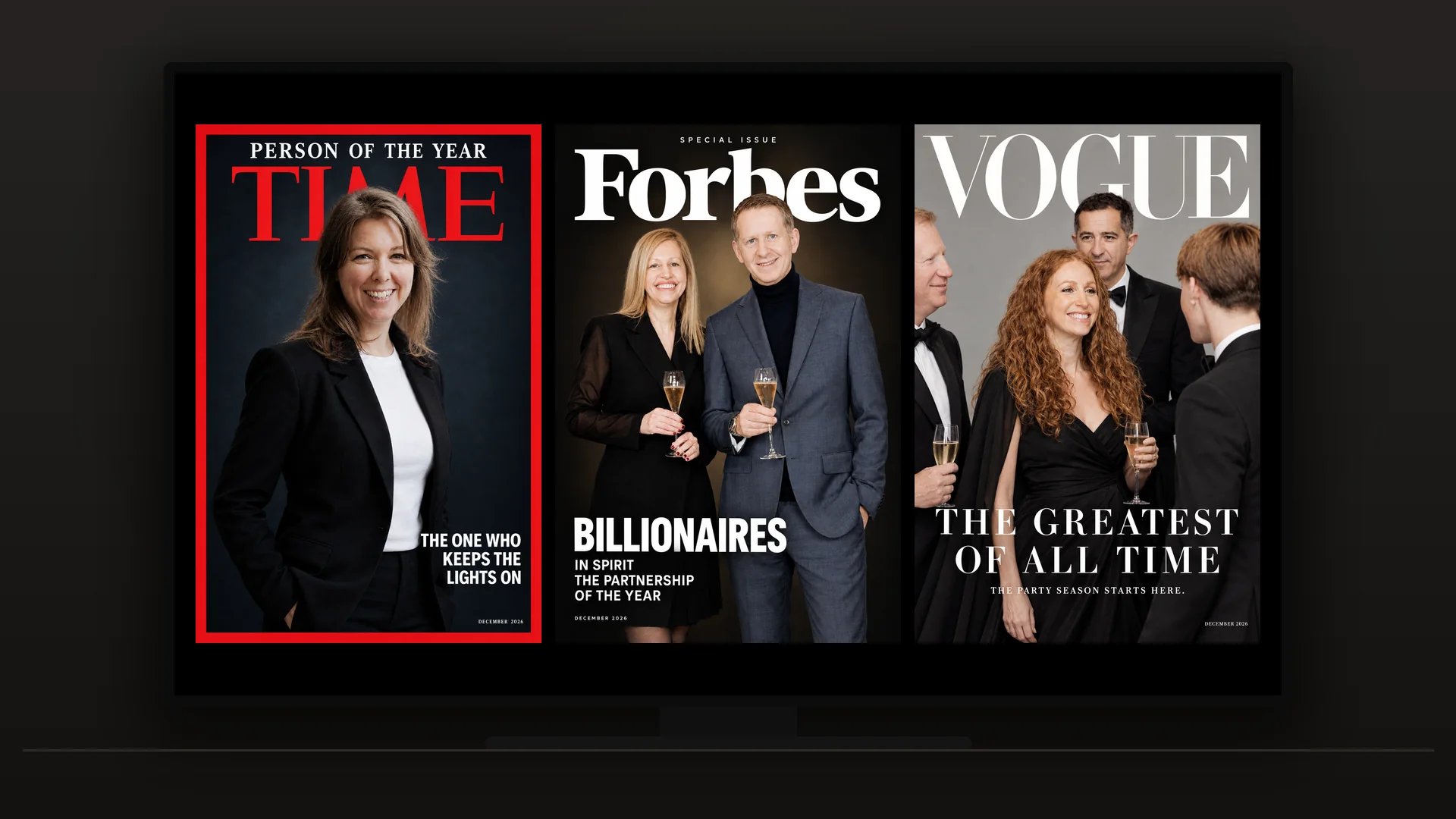 Simulation of the live screen at an event: a large TV showing three AI-generated magazine covers of guests photographed by Etienne Morax — a TIME Person of the Year, a Forbes Billionaires issue and a Vogue group cover.
