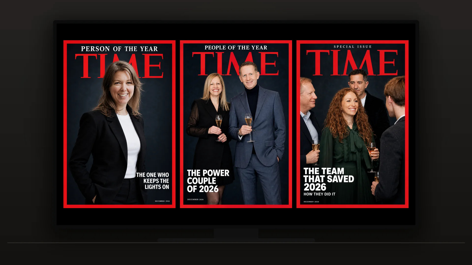 Simulation of the live screen: a large TV on a dark wall showing three AI-generated TIME covers of event guests side by side.