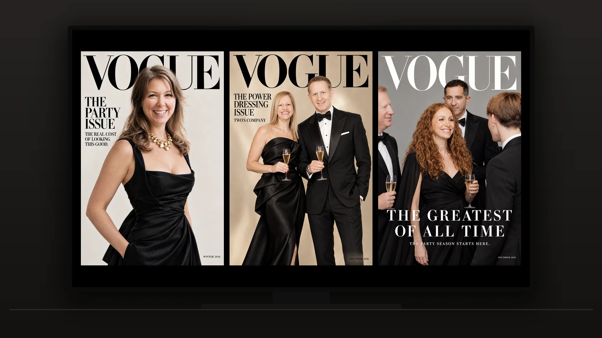 Simulation of the live screen: a large TV showing three AI-generated Vogue covers of event guests side by side.