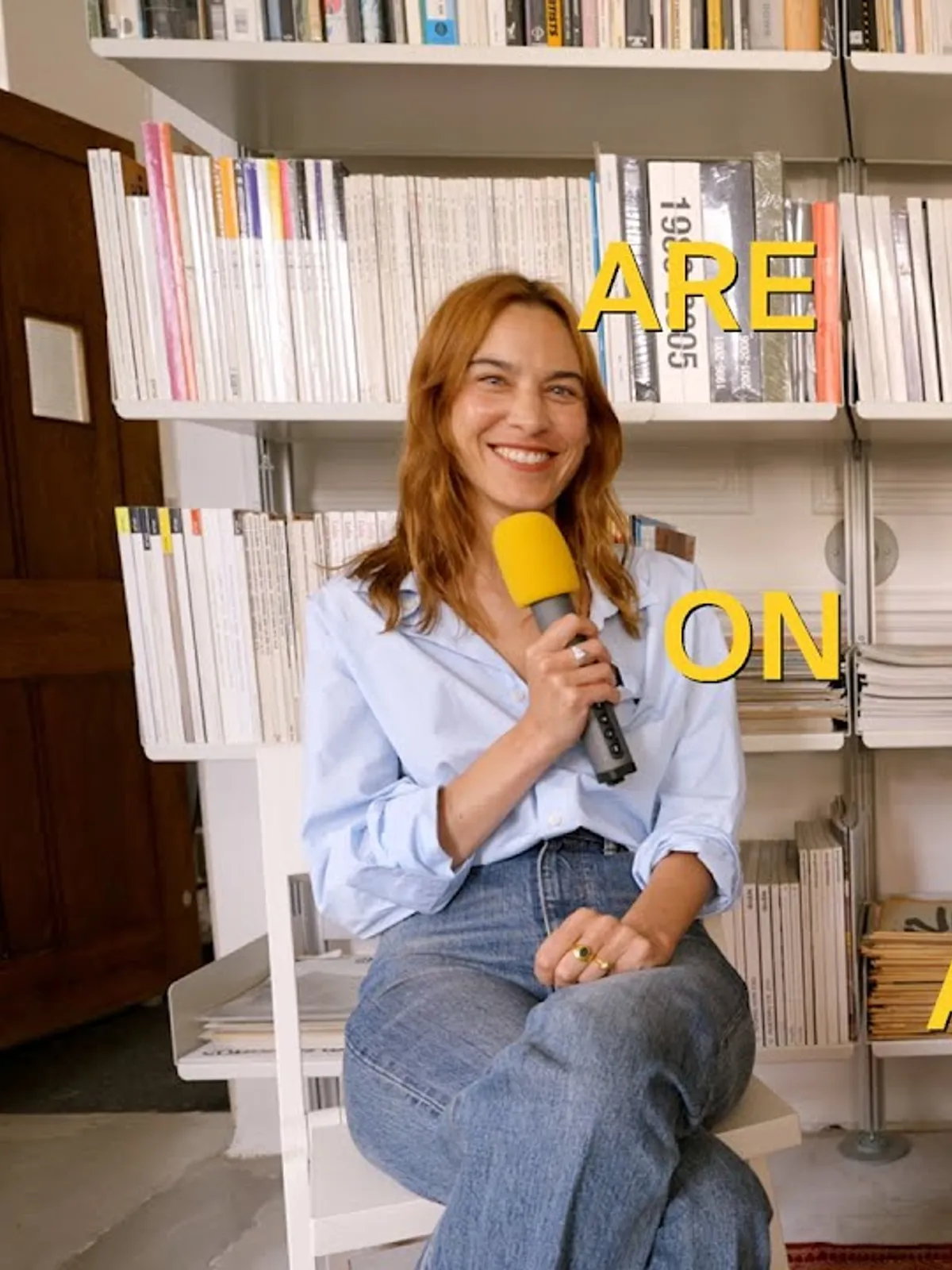 Alexa Chung during a multi-camera podcast interview filmed in London for Are We On Air.