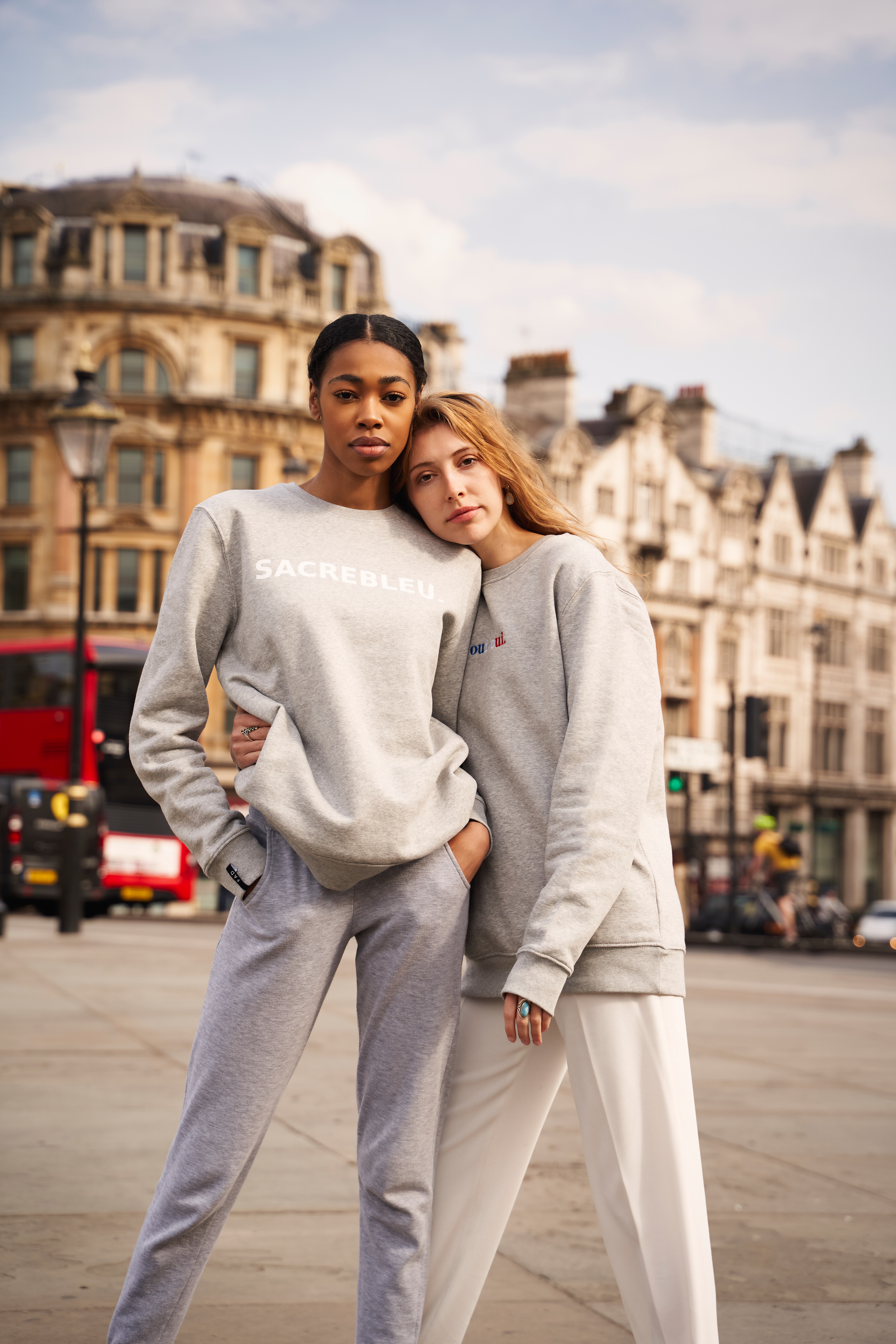 Model wearing French Abroad typographic apparel photographed on location in London for the brand's inaugural campaign